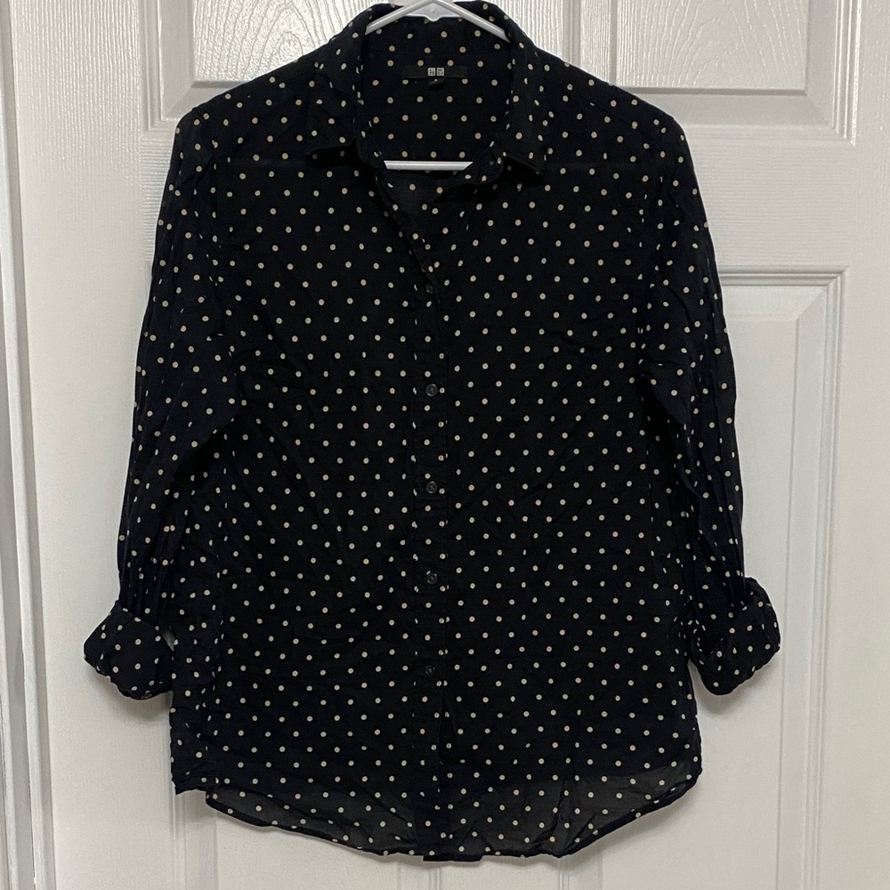 Uniqlo Black Button Down Shirt with White Dots